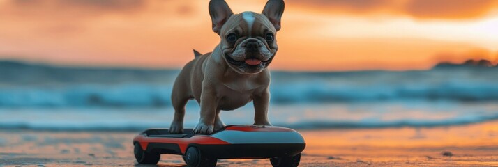 A cute French Bulldog puppy riding on an electric hoverboard, smiling and having fun at the beach during sunset.