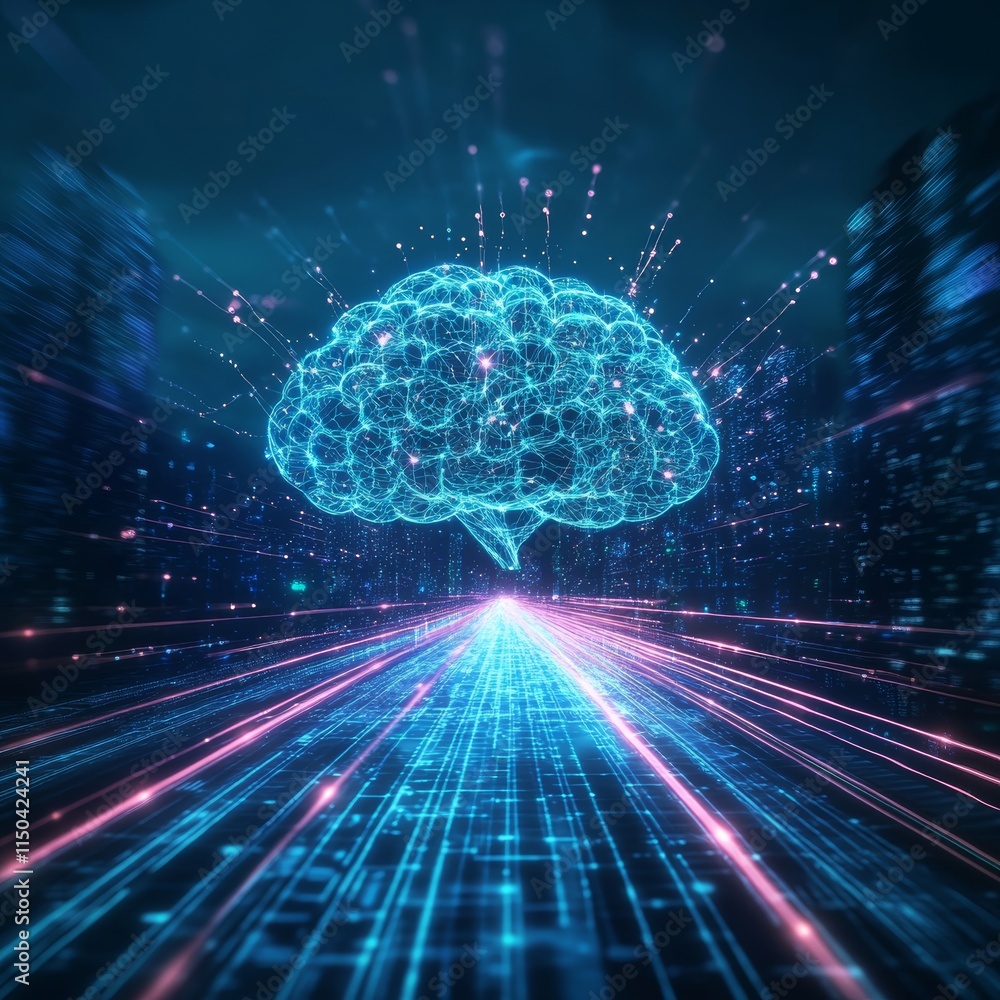 Poster visual representation of artificial intelligence with a glowing brain and vibrant data streams in a 