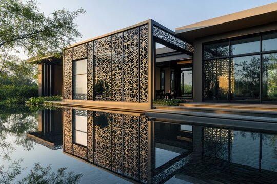 Contemporary home with a facade that features an intricate laser-cut screen and a serene reflecting pool.