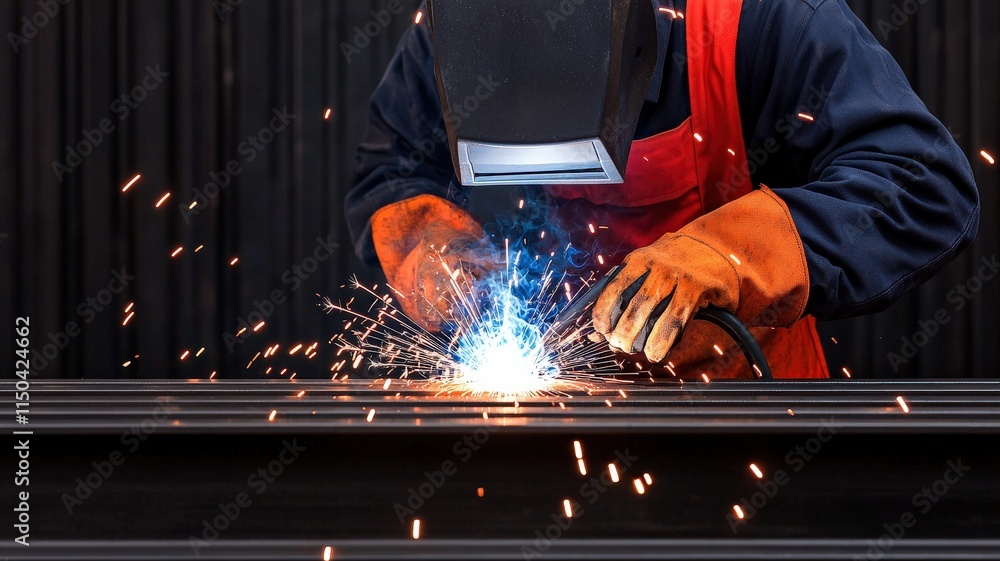 Poster knowledge expertise process concept. welder working on metal, creating sparks and bright light in a 