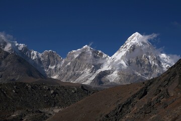 Panorama from Kongma La Pass  5535 m with Pumori Mount and Kala Patthar viewpoint around Gorak Shep. Everest Base Camp, Himalayas, Sagarmatha National Park, Nepal 