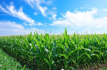 Obraz premium Lush Green Cornfield Under a Bright Blue Sky