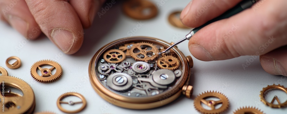 Poster knowledge expertise process concept. close-up of a watchmaker assembling intricate gears of a vintag