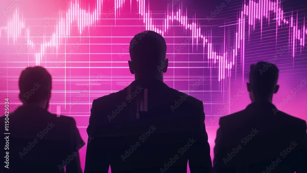 Poster team analyzing market trends with abstract graph in colorful background
