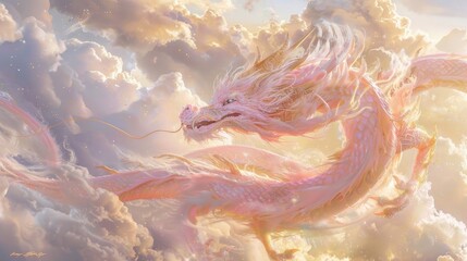 Translucent young pale pink dragon picture desktop wallpaper, white clouds cascading around, gold dust 