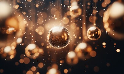 Obraz premium Shiny gold Christmas ornaments on a dark background.