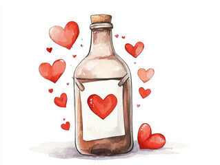 message in bottle surrounded by heart confetti, expressing love