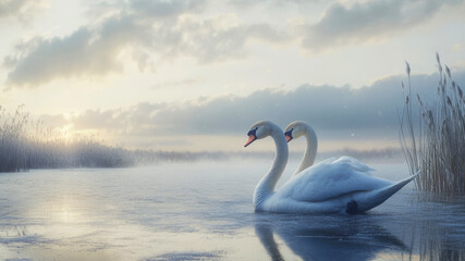 Obraz premium A pair of majestic white swans gliding together on a partially frozen lake