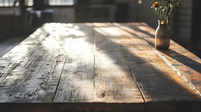 A reclaimed timber table styled in an industrial loft setting viewed from an elevated corner perspective.