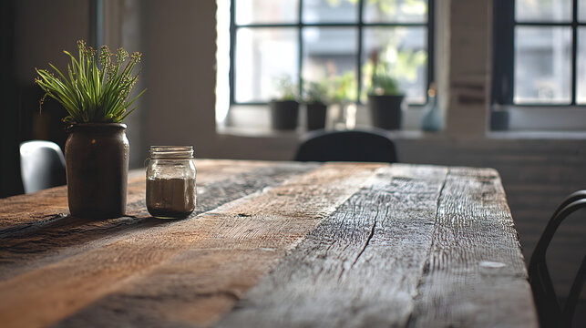 A reclaimed timber table styled in an industrial loft setting viewed from an elevated corner perspective.