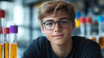 A young boy in his early teens, wearing glasses, sits in a science lab surrounded by colorful test tubes and various laboratory equipment. He appears focused and curious about his experiments.