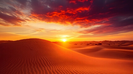 A fiery sky during a desert sunset with vibrant red and golden tones blending into the sandy horizon.