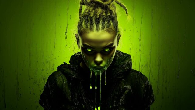 Evil zombie girl with a haunting stare in an underground rave setting at night