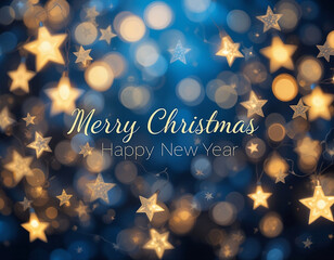 Star-Shaped String Lights Shine on a Blue Background with Bokeh for a Merry Christmas and Happy New Year Card Design