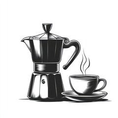 A Moka Pot and Steaming Cup of Coffee