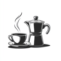 Obraz premium A steaming cup of coffee and a mocha pot