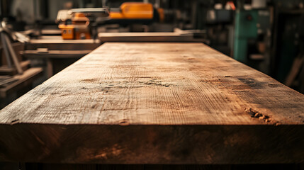 A robust cedar work table with visible tool marks captured in a workshop setting from a close side perspective.