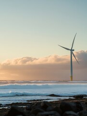 Car by Offshore Wind Turbine at Sunset
