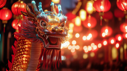 Naklejka premium Chinese dragon during a Lunar New Year parade. Backdrop of festive streets