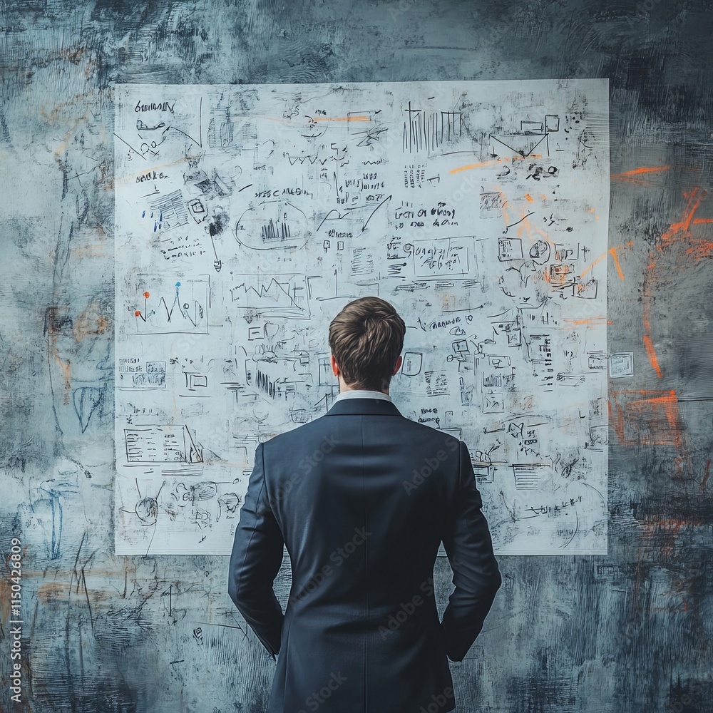Poster business professional studies complex data visualization on the wall while preparing for strategic p