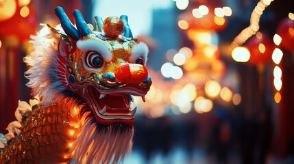 Chinese dragon during a Lunar New Year parade. Backdrop of festive streets