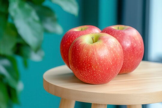 A photostock of freshly picked apples placed on a wooden table with a warm autumnal background, perfect for seasonal harvest themes. High Quality