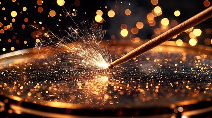 Sparkler light creates bright sparks on a festive surface during a celebration