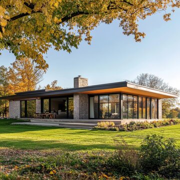 Modern Home With Large Windows Surrounded by Fall Foliage in a Peaceful Rural Setting on a Sunny Day