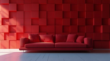 Modern red sofa against a vibrant textured wall in a stylish indoor space