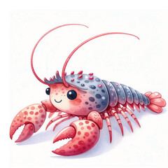 Cartoon style lobster with bright colors and a cheerful expression rests on a white background
