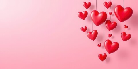 Pink Background Hanging Red Hearts