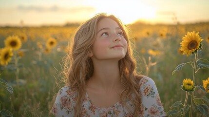 Naklejka premium A teenage girl in a floral dress sits peacefully among blooming sunflowers, gazing up at the expansive sky during a beautiful sunset. She embraces the tranquility of nature.
