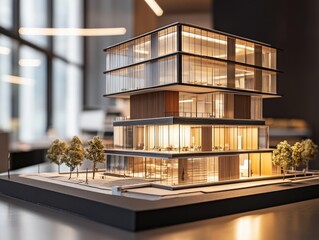 Modern architectural model display urban office space photography indoor setting close-up view innovative design concept