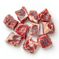 Freshly cut meat cubes arranged neatly on a white background ready for cooking or meal preparation