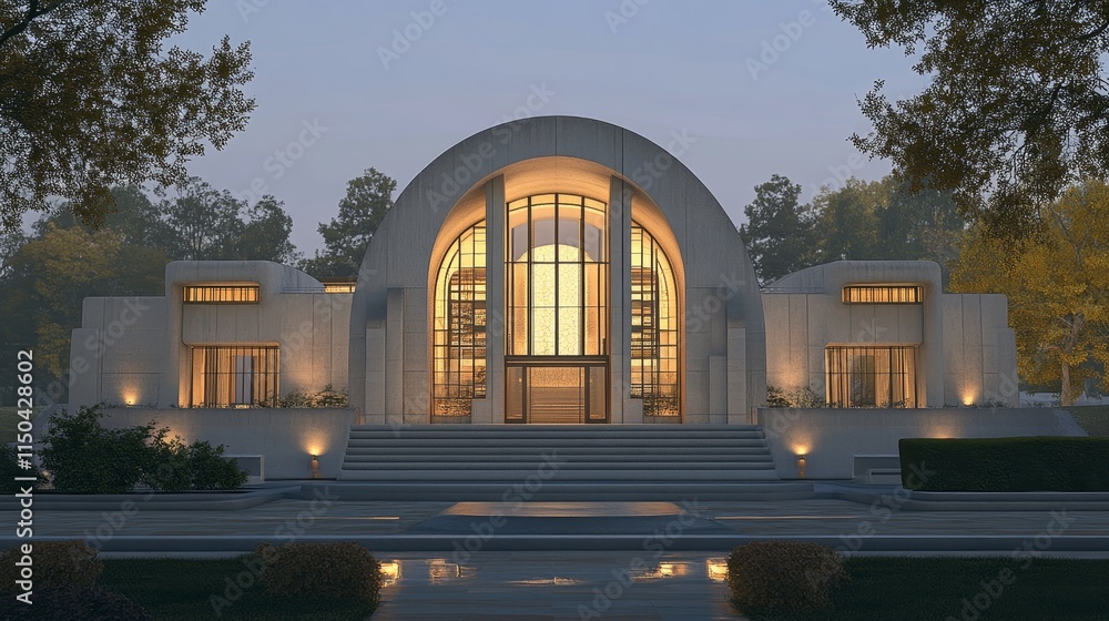 Poster modern architectural design features illuminated entrance with large windows and round dome structur