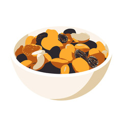  flat A bowl of mixed nuts and dried fruits as a snack. vector