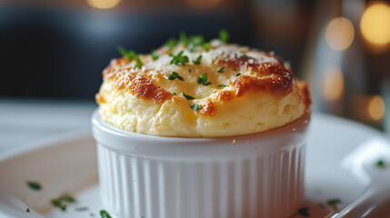 Creamy Baked Souffl&eacute; in White Ramekin