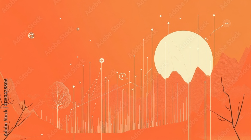 Poster sunset over a tranquil landscape with abstract trees and radiating lines in orange hues and soft cir