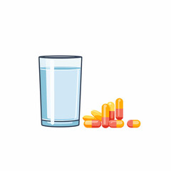  minimal flat A set of health supplements beside a water glass. flat vector