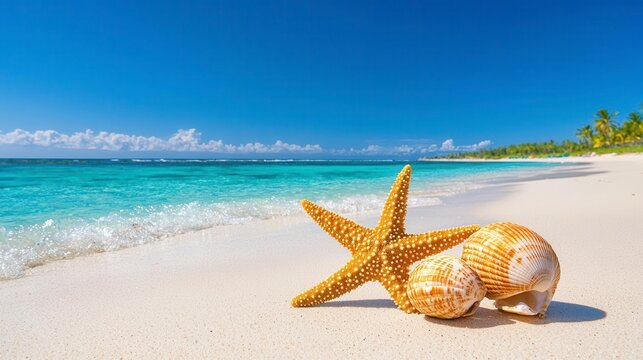 A photostock of shimmering seashells and starfish scattered on pristine white sand with turquoise waves in the background. High Quality