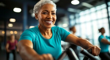 Fototapeta premium Active Lifestyle: Senior African American Woman Participating in Gym Fitness for Healthy Aging and Active Living