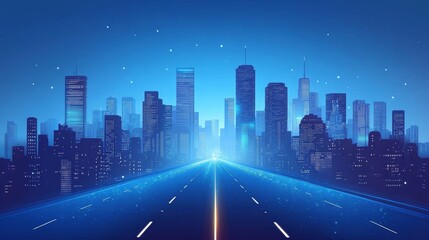 Urban Skyline at Twilight With Illuminated Road Leading to a Bright City Center and Starry Night Sky Above