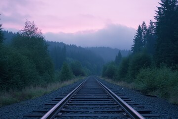 Fototapeta premium Railroad Tracks Leading Through Misty Forest at Sunset