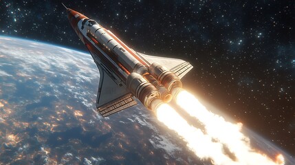 Obraz premium Space ship rocket shuttle is soaring in the sky with Earth planet