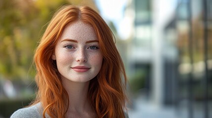 Obraz premium A young woman with bright red hair and freckles gazes confidently at the camera with a soft smile. The blurred background showcases an urban landscape with hints of greenery, indicating a sunny day.