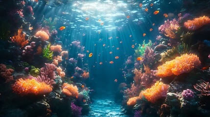 Vibrant coral reef teeming with colorful fish and sunlight beams.