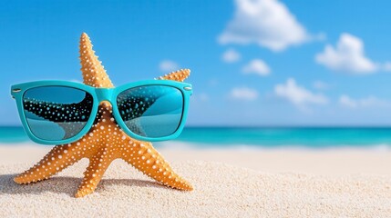 A photostock of starfish and sunglasses on pristine white sand, with turquoise waves in the background, symbolizing a tropical vacation. High Quality