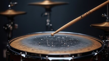 Obraz premium Drumsticks poised above a detailed snare drum in a music studio setting
