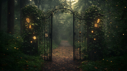 A secret garden gate with ivy-covered ironwork and glowing runes opening to a magical forest path.