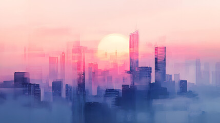Fototapeta premium A futuristic skyline blending sharp lines with soft watercolor hues against a glowing sunset.